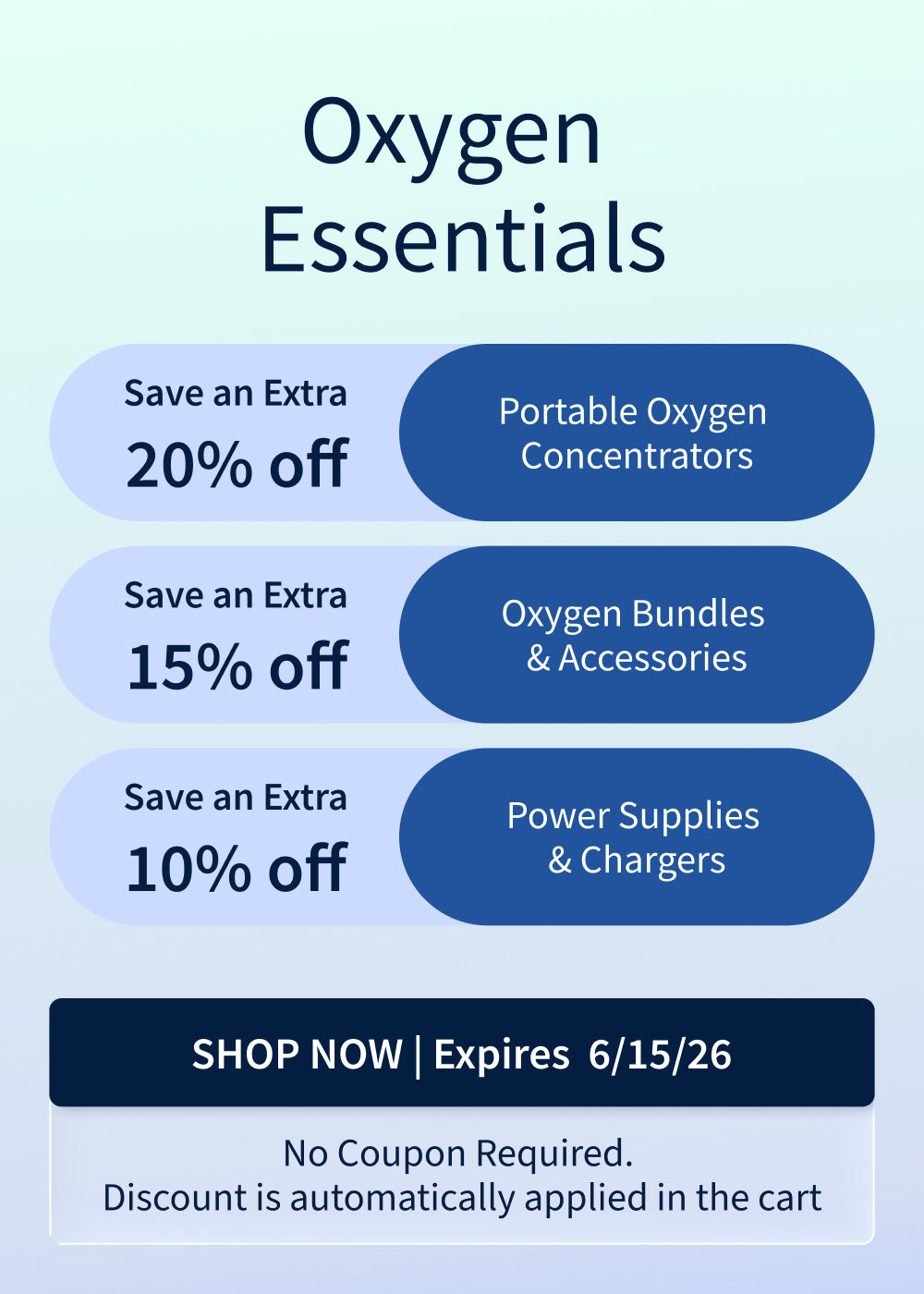 20% off Portable Oxygen Concentrators. 15% off Oxygen Travel Bundles & Accessories.10% off Power Supplies & Chargers. Offer ends 6/15/26 20% off Portable Oxygen Concentrators. 15% off Oxygen Travel Bundles & Accessories.10% off Power Supplies & Chargers. Offer ends 6/15/26