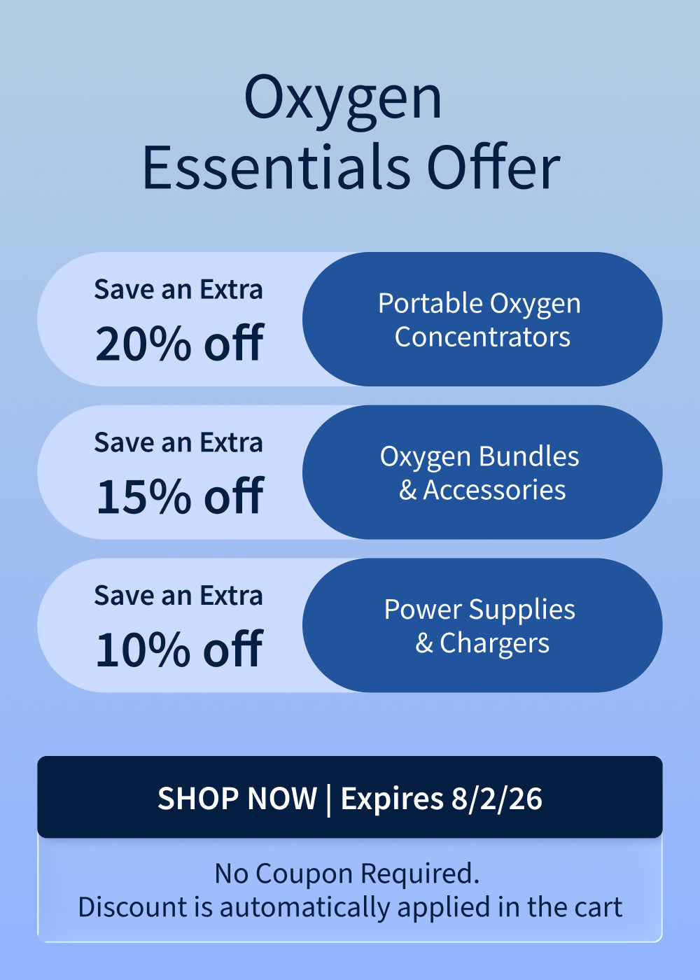 20% off Portable Oxygen Concentrators. 15% off Oxygen Travel Bundles & Accessories. 10% off Power Supplies & Chargers. Offer ends 8/2/26 20% off Portable Oxygen Concentrators. 15% off Oxygen Travel Bundles & Accessories. 10% off Power Supplies & Chargers. Offer ends 8/2/26