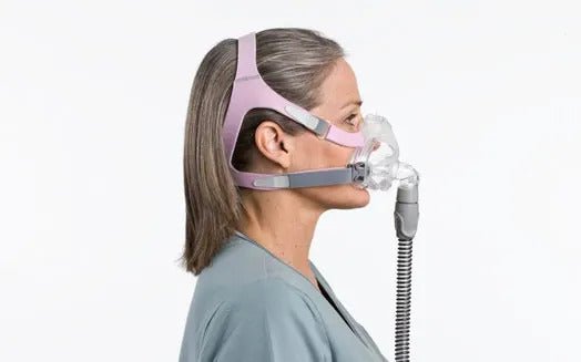 Resmed Quattro FX for Her Full Face CPAP Mask With Headgear - Side View On Model