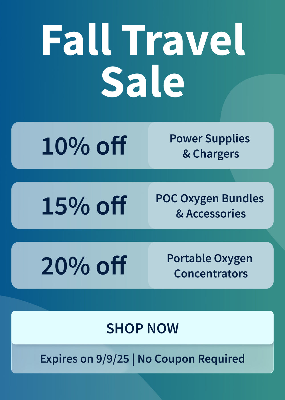 20% off portable oxygen concentrators. 15% off oxygen bundles. 10% off poc power supplies and chargers.