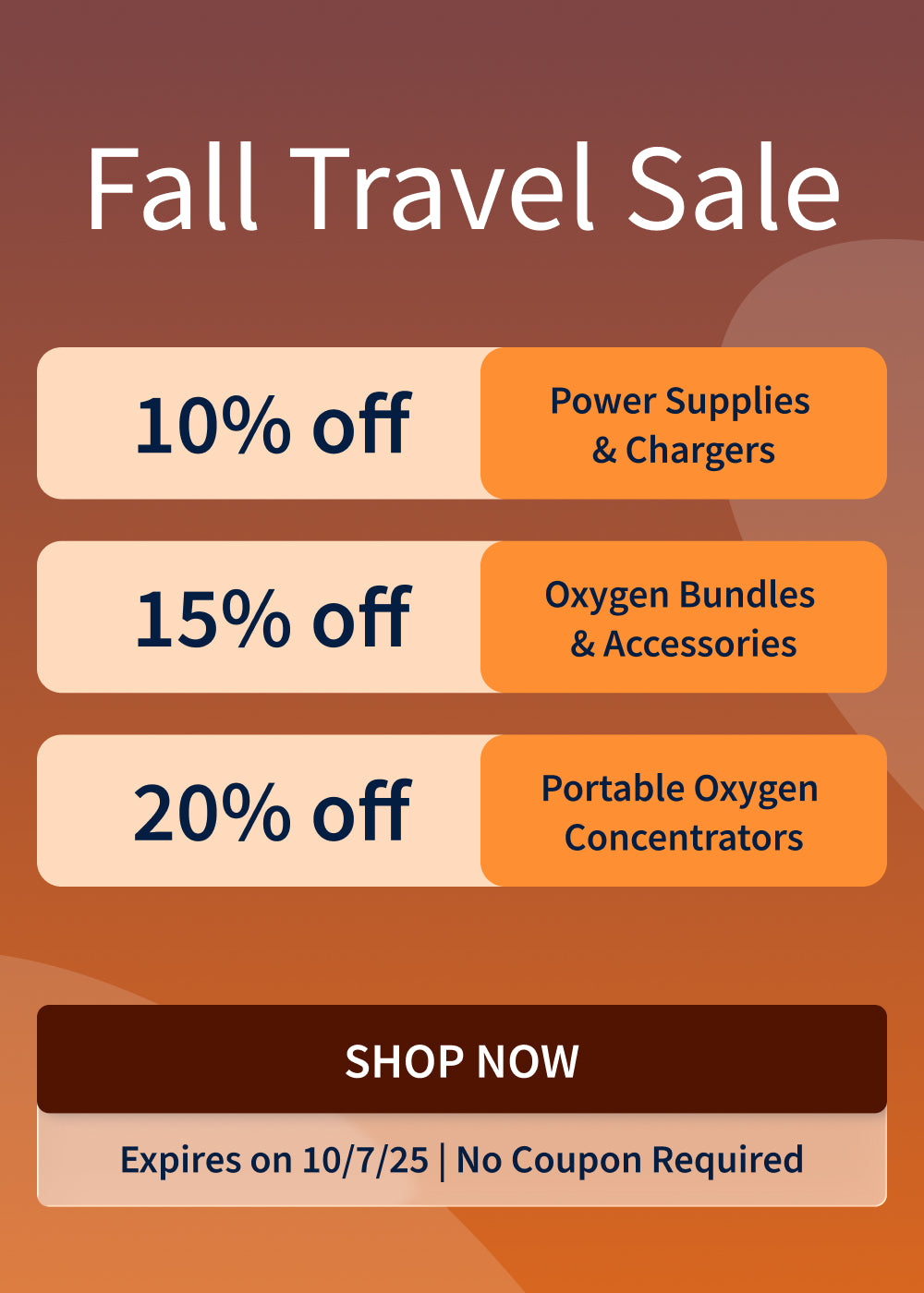 Fall Travel Sale. 10% off Power Supplies and Chargers. 15% off Oxygen Bundles and Accessories. 20% off Portable Oxygen Concentrators. Offer ends 10/7/25.