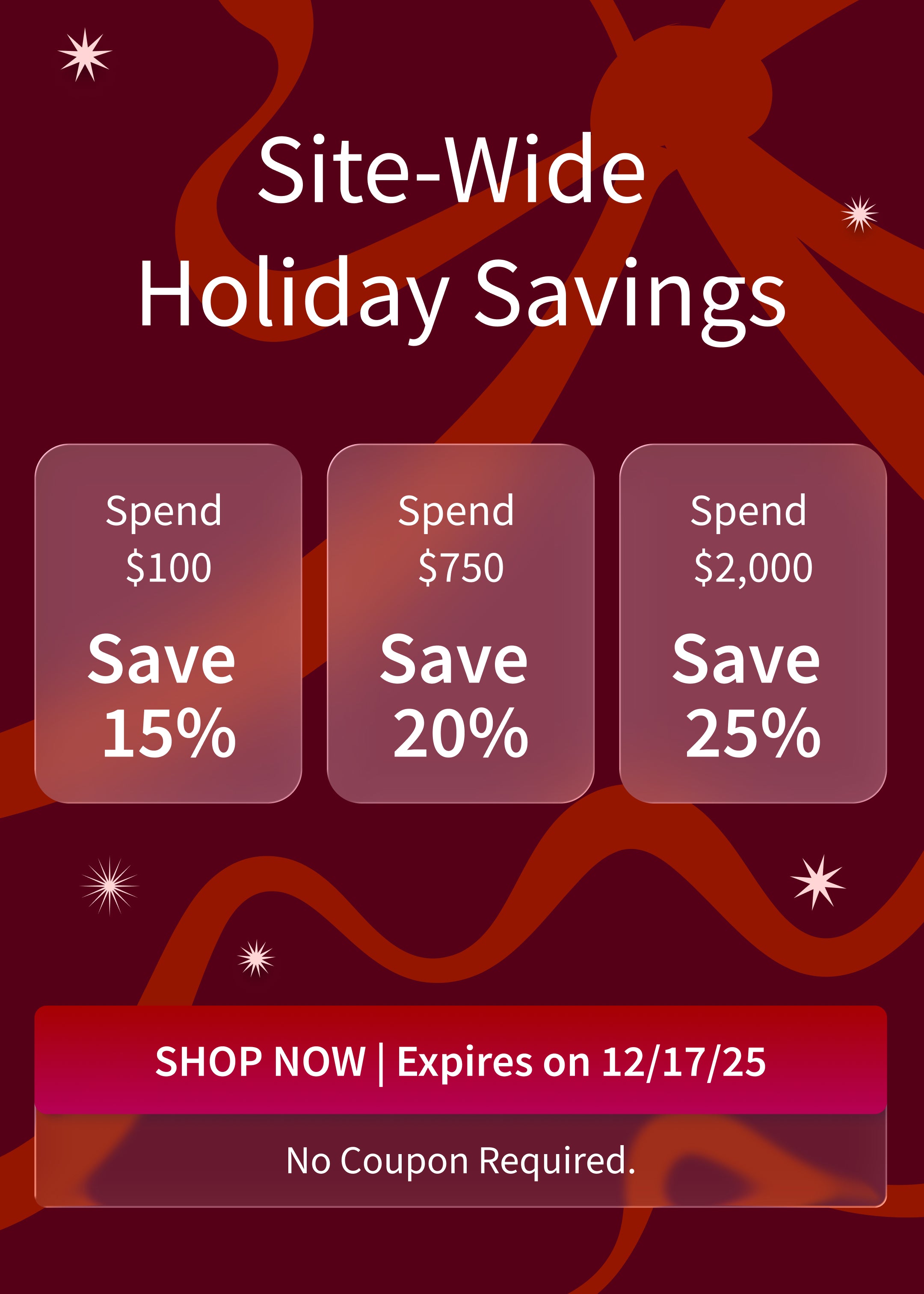 Save site-wide this holiday season! Spend $100 and Save 15%, Spend $750 and Save 20%, Spend $2,000 and Save 25%. Applies to eligible CPAP, Oxygen & Medical Supplies. Offer ends 12/17/25!