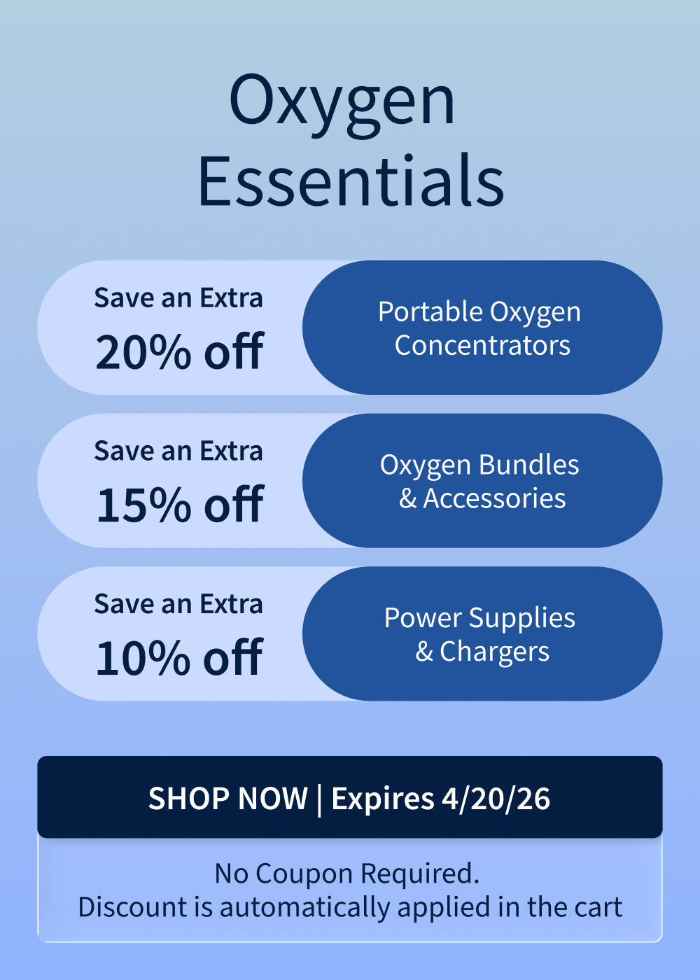 20% off Portable Oxygen Concentrators. 15% off Oxygen Travel Bundles & Accessories.10% off Power Supplies & Chargers. Offer ends 4/20/26