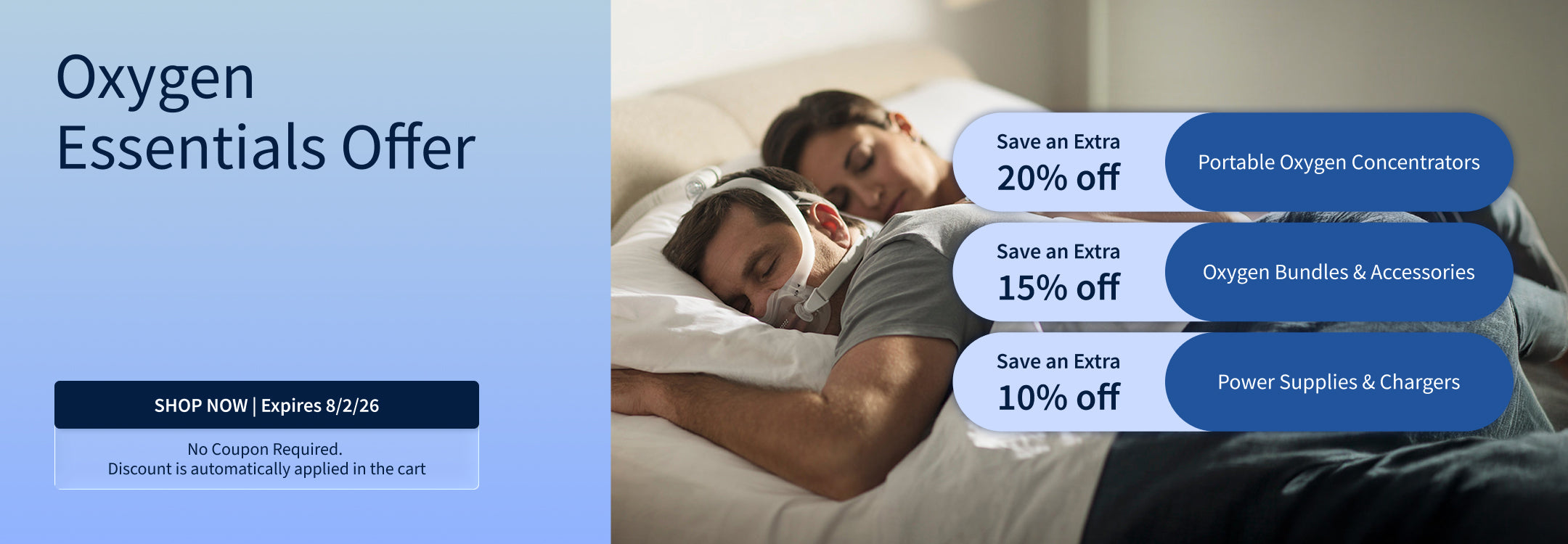 20% off Portable Oxygen Concentrators. 15% off Oxygen Travel Bundles & Accessories. 10% off Power Supplies & Chargers. Offer ends 8/2/26
